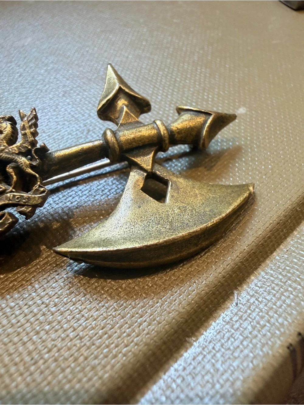 Vintage Coro Heraldic Battle Axe Brooch Pin Medieval Coat of Arms Gold Tone